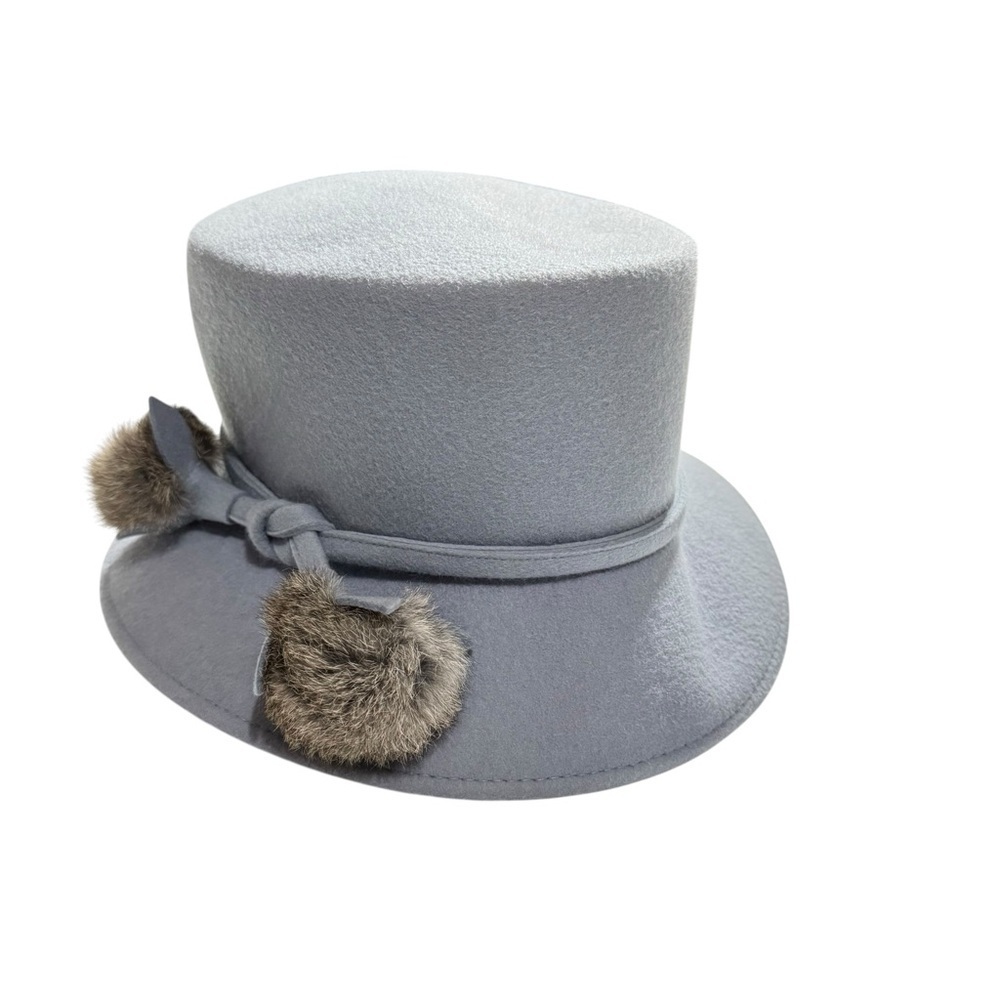 Betmar New York Gray Wool Hat with Faux Fur Pom Accents – Wide Brim Cloche - Picture 5 of 11
